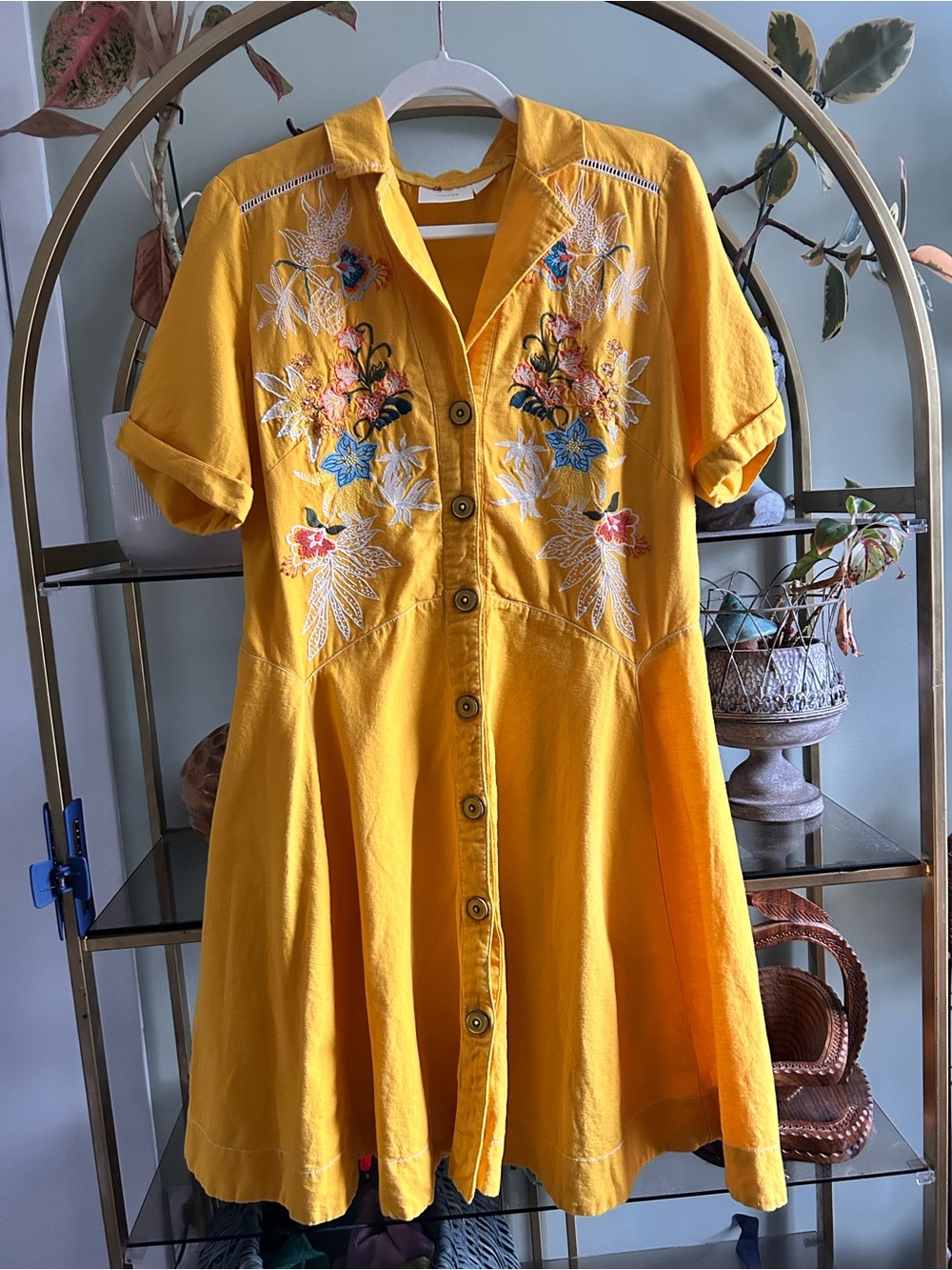Anthropologie Maeve Varadero collar embroidered dress- linen and cotton- size 14